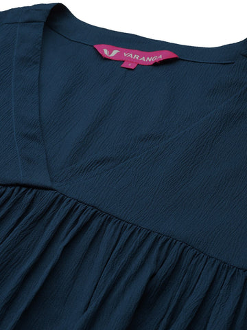 Varanga Women Teal Empire Gathered Details A-Line Kurta Paired With Tonal Bottom